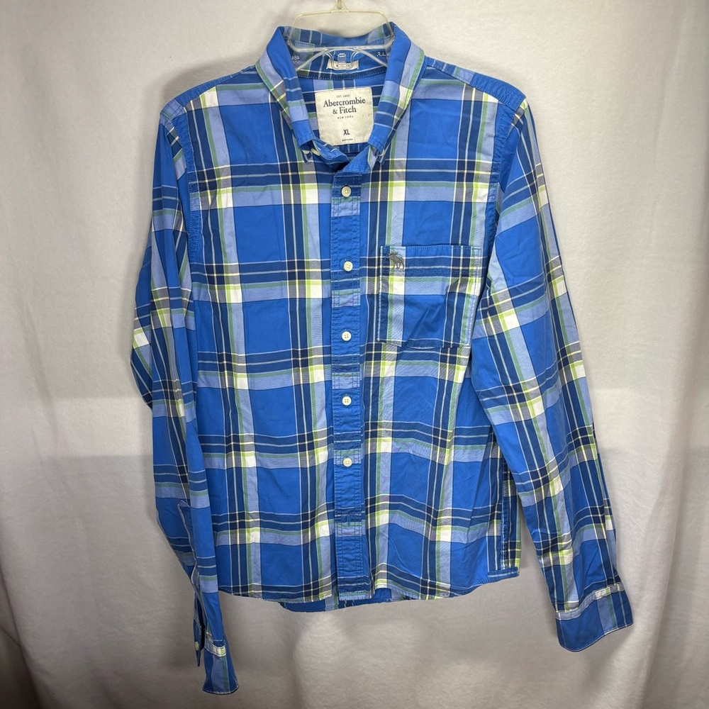 Abercrombie Fitch Mens XL Long Sleeve Button Up Shirt Blue‎ Plaid Muscle Fit